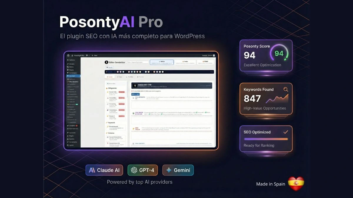 PosontyAI editor semántico con 14 algoritmos propietarios, arquitectura de clusters, diseño de conversión y enlazado inteligente — todo integrado en WordPress para que Google mande tráfico cualificado a tus productos, servicios o marketplaces