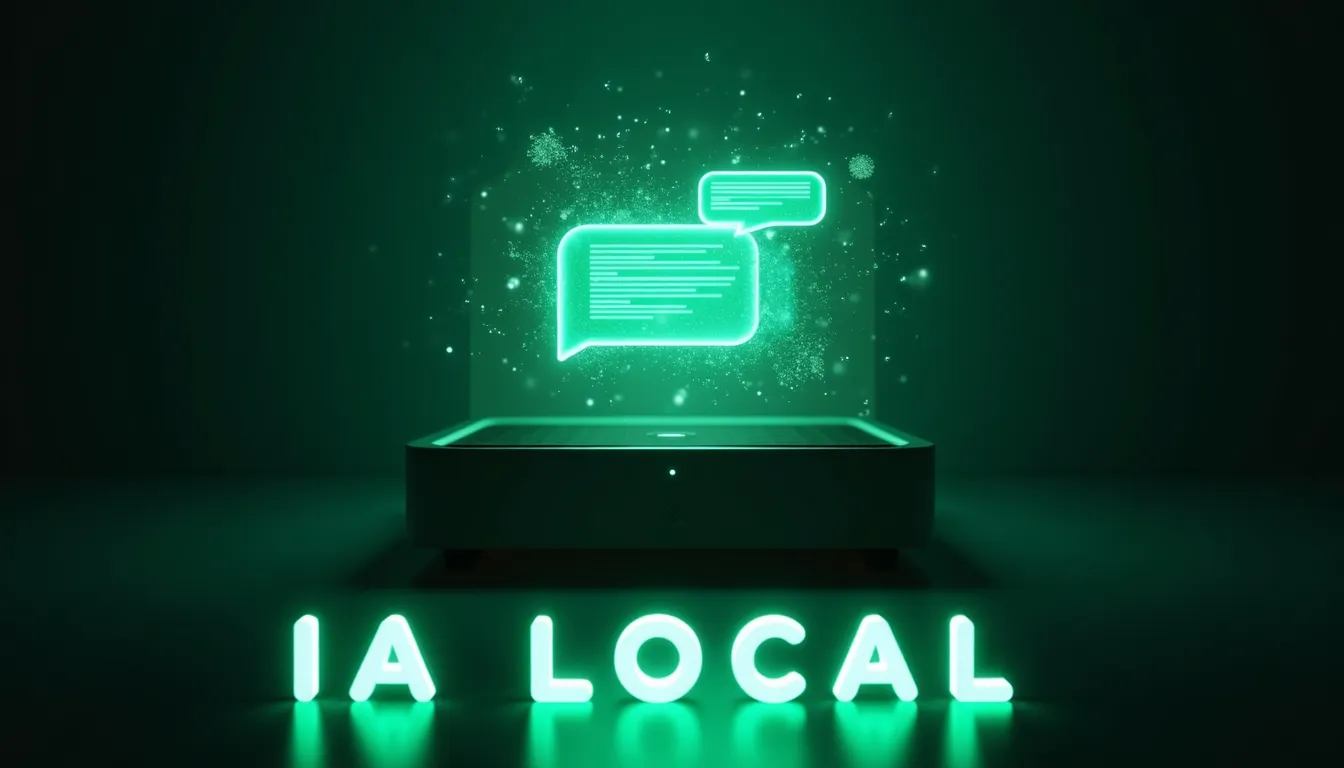 Holograma de una interfaz de chat de Inteligencia Artificial proyectada desde un mini PC, simbolizando la instalación de ChatGPT en local.