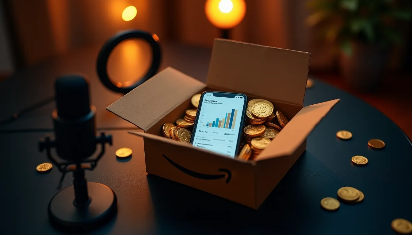 Caja de Amazon abierta con monedas y smartphone mostrando gráficas de ingresos por afiliados