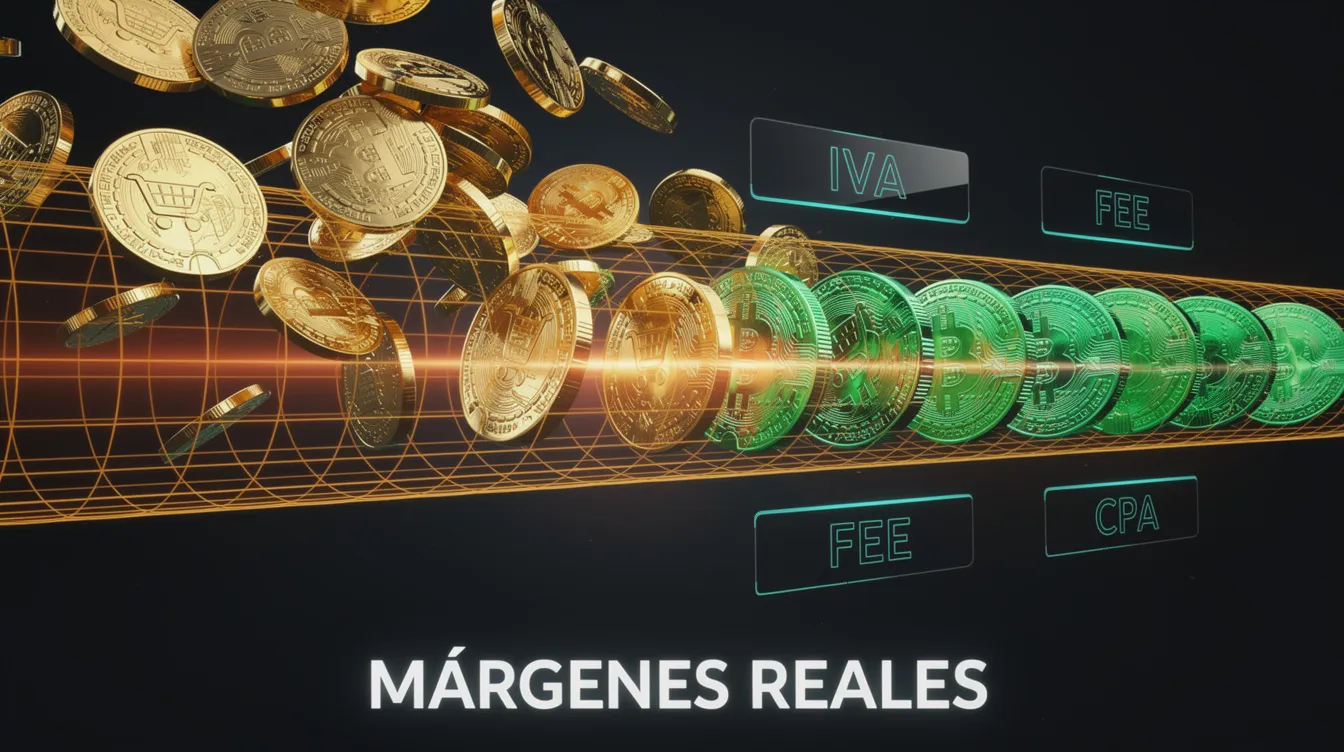 Visualización 3D de un embudo financiero filtrando costes e IVA para mostrar el beneficio neto real de un producto de ecommerce.