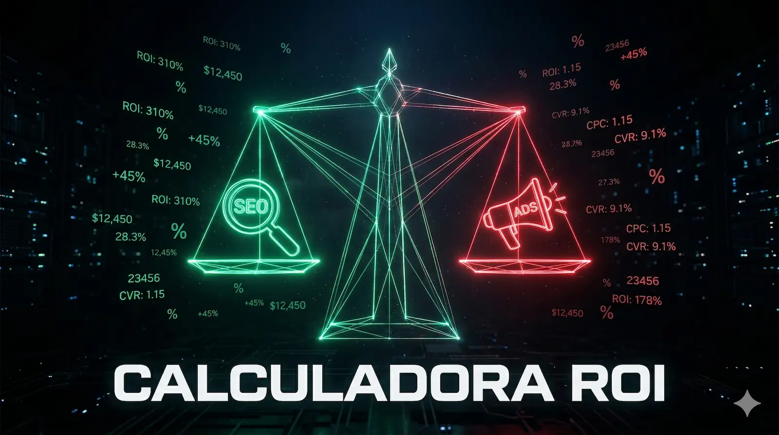 Balanza digital comparando la rentabilidad del SEO frente a Google Ads con gráficos de datos e iconos brillantes.