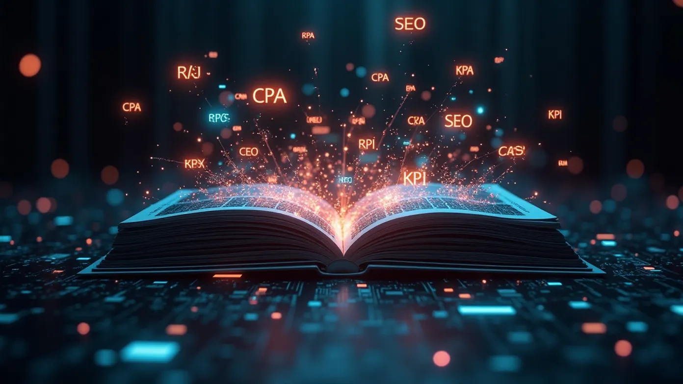 Visualización holográfica de términos de marketing digital y métricas financieras como ROAS y CPA en un entorno tecnológico oscuro.