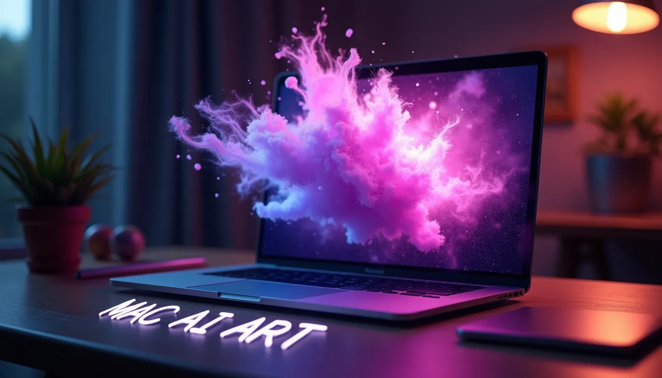 Pintura digital holográfica violeta saliendo de la pantalla de un ordenador portátil, representando la generación de arte por Inteligencia Artificial en Mac.