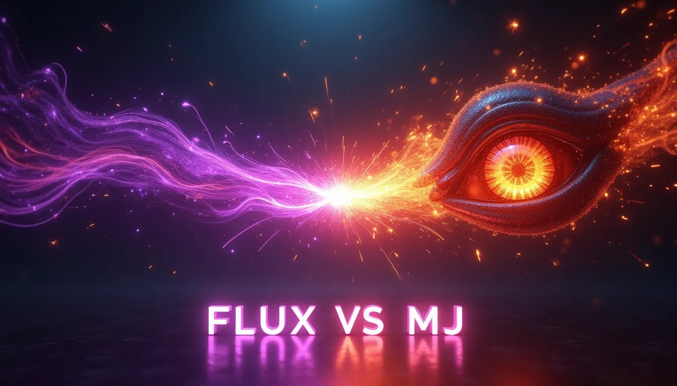 Ilustración conceptual mostrando energía violeta y naranja chocando, representando la comparativa entre las inteligencias artificiales de generación de imágenes FLUX y Midjourney.