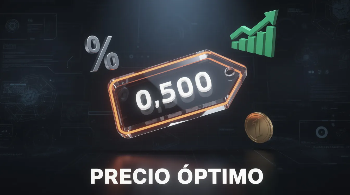 Etiqueta de precio digital 3D flotante con indicadores de beneficio y margen, simbolizando el cálculo del precio óptimo para ecommerce.