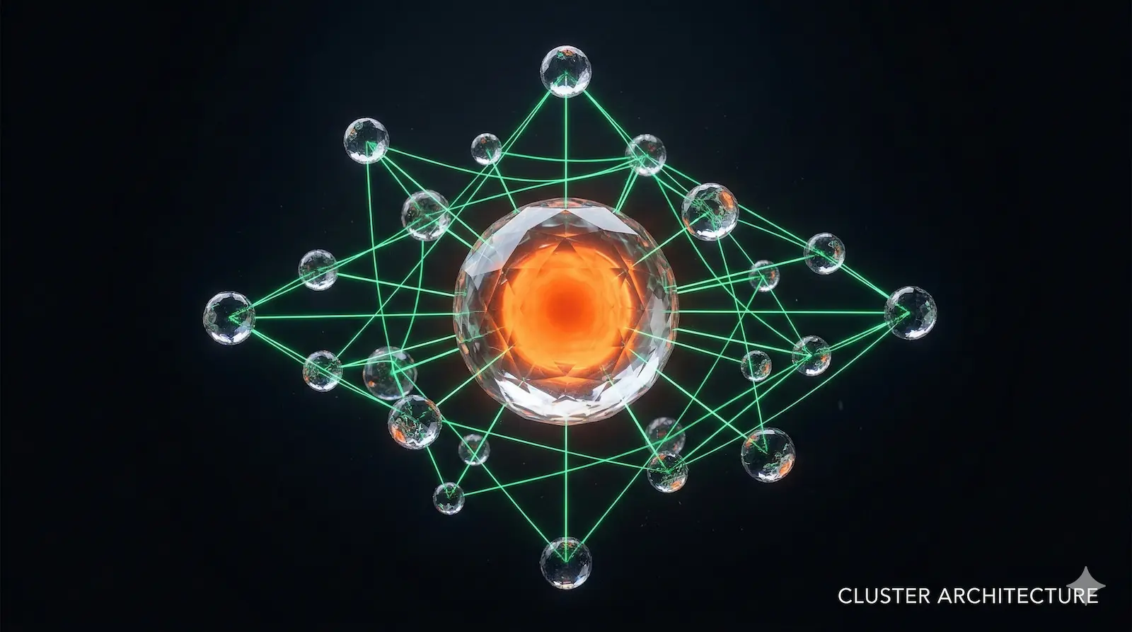 Estructura visual de un topic cluster con un artículo pilar central conectado a múltiples artículos satélite mediante enlaces internos de luz verde.