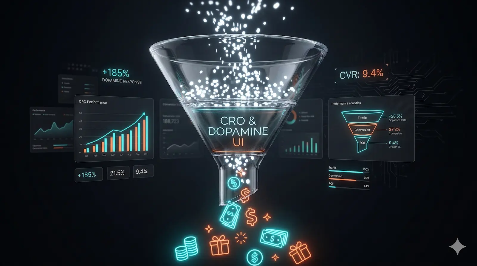 Embudo de conversión digital transformando tráfico en ventas, ilustrando el concepto de CRO para nichos ecommerce y diseño Dopamine UI.