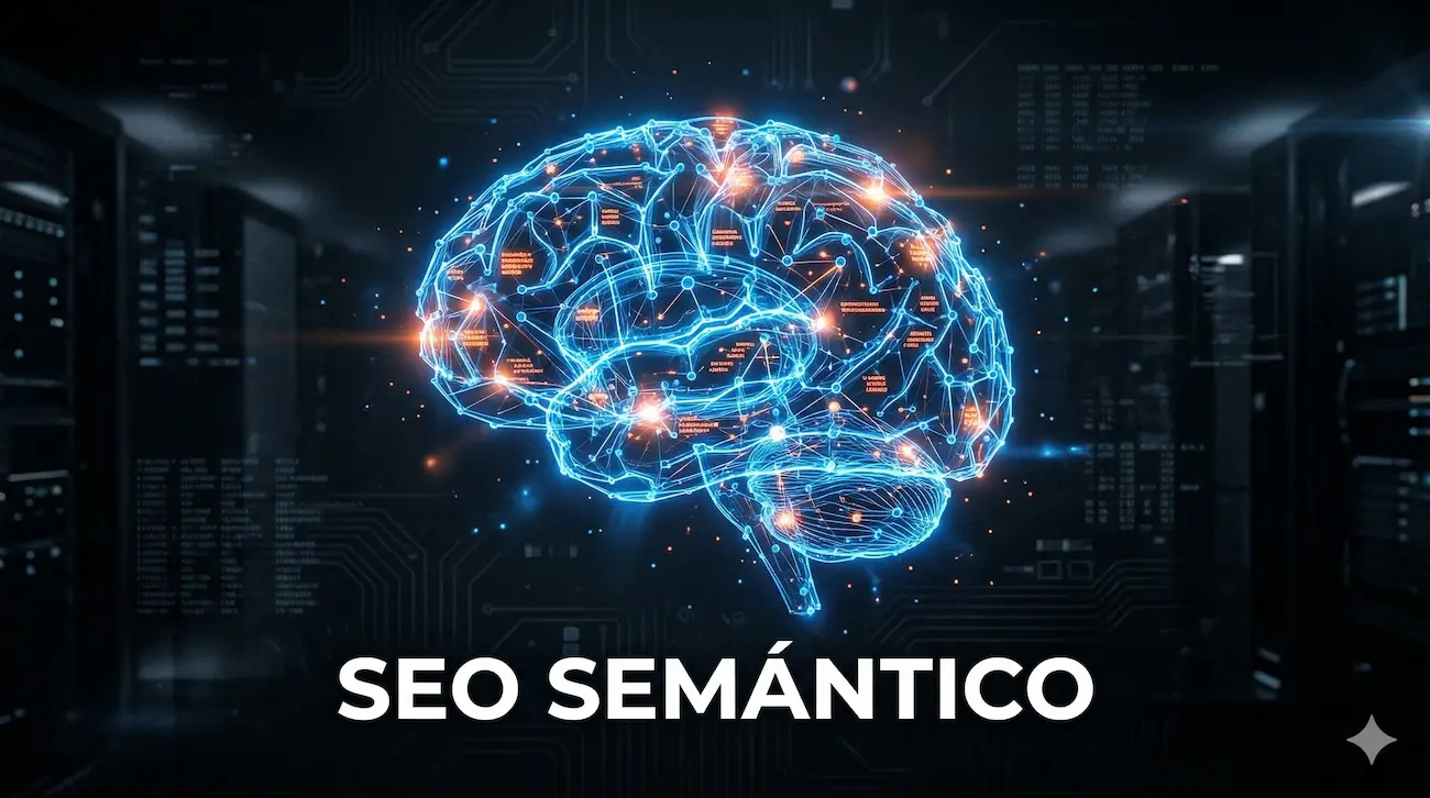 Cerebro holográfico formado por nodos brillantes de un grafo de conocimiento, ilustrando el concepto de SEO semántico, entidades e intención de búsqueda en Google.