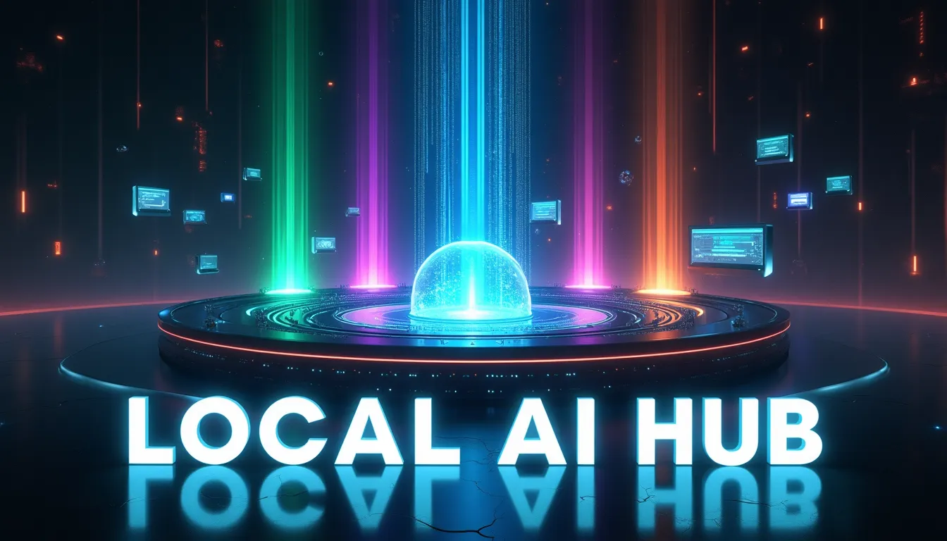 Núcleo digital central emitiendo cinco rayos de luz de colores (verde, azul, púrpura, cian, ámbar), representando el centro de recursos y tutoriales sobre Inteligencia Artificial Local.