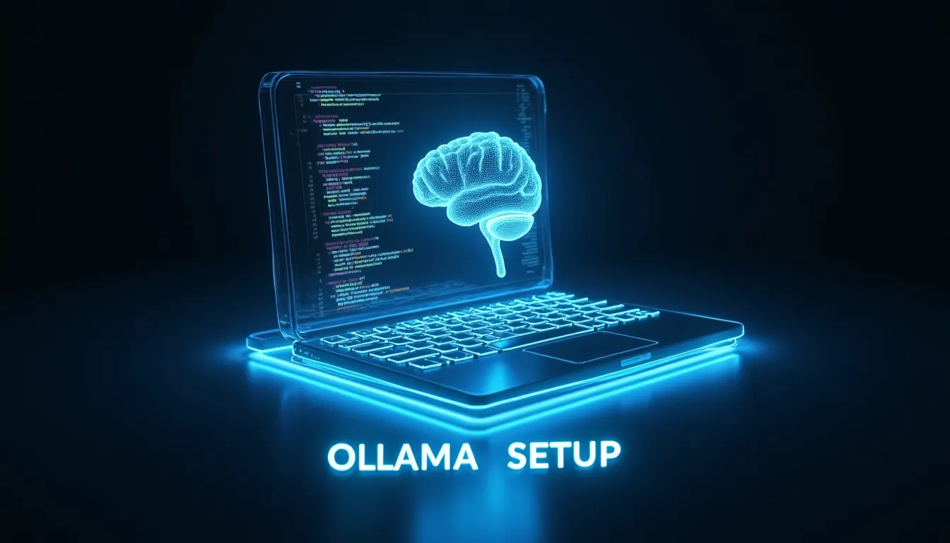 Terminal de ordenador holográfica ejecutando un modelo de Inteligencia Artificial local, ilustrando la instalación de Ollama