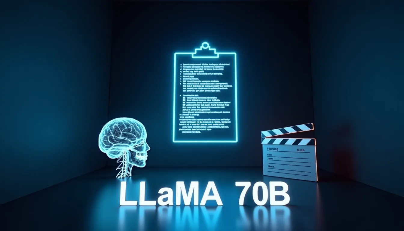 Ilustración holográfica de una claqueta de cine y un portapapeles brillante en color azul, representando la creación de guiones de vídeo con la inteligencia artificial LLaMA 70B.