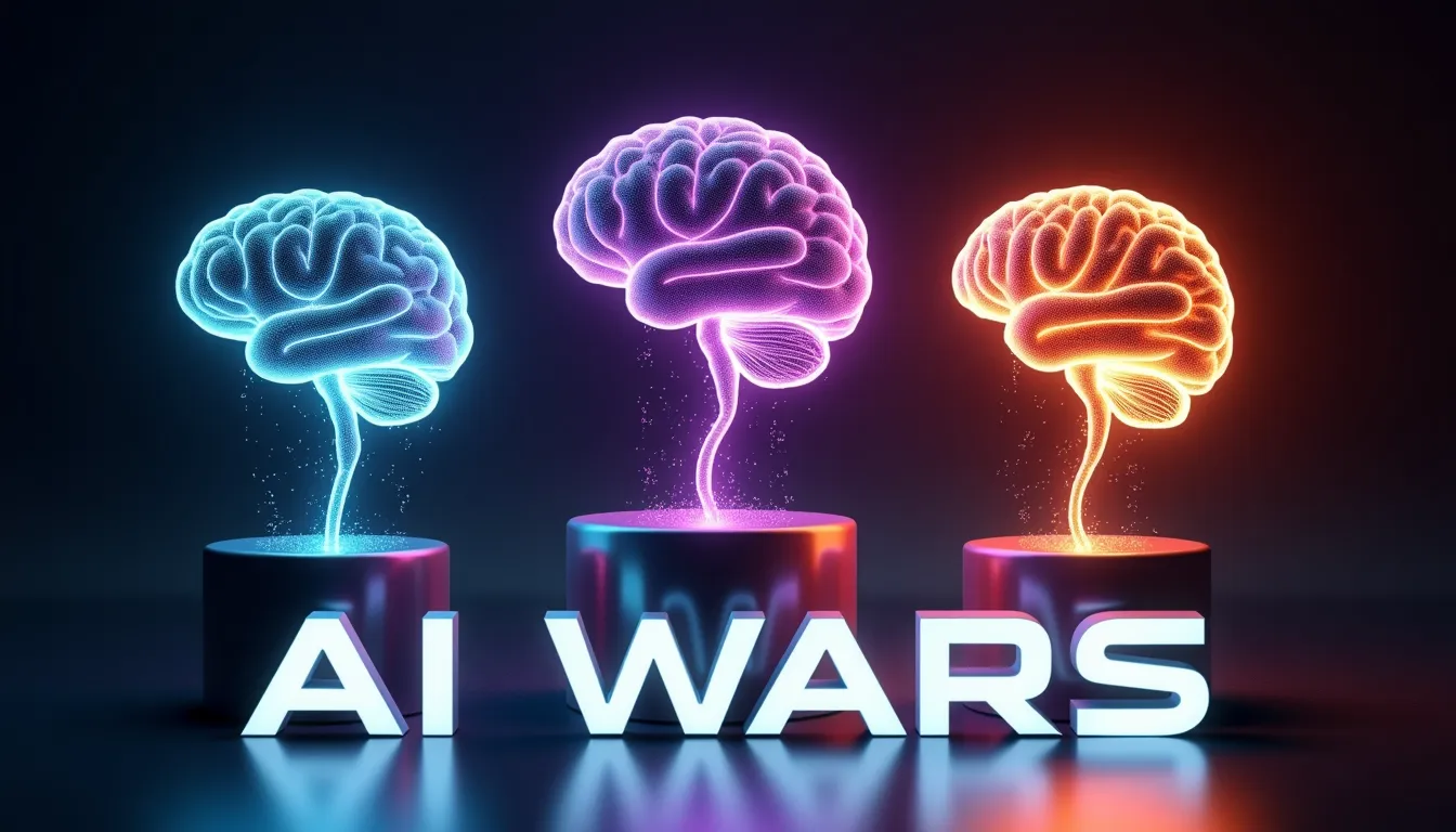 Tres cerebros digitales brillantes en pedestales compitiendo entre sí, simbolizando la comparativa entre LLaMA, Mistral y ChatGPT.