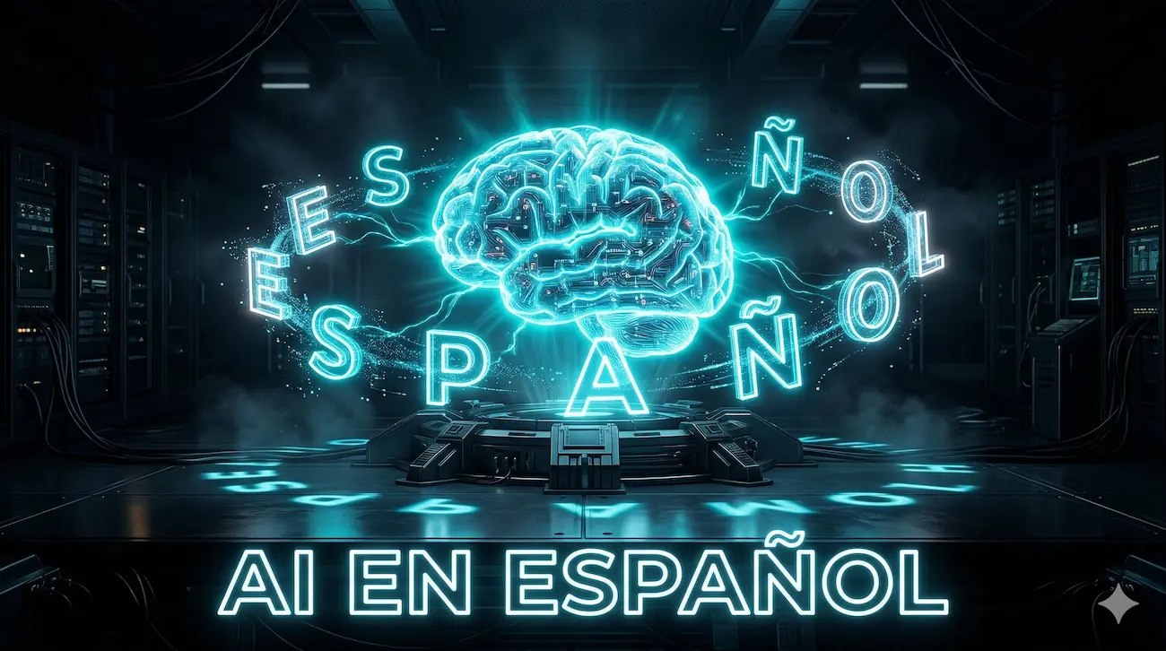 Cerebro digital brillante rodeado por la palabra ESPAÑOL en holograma azul, representando los mejores modelos de Inteligencia Artificial para el idioma castellano.