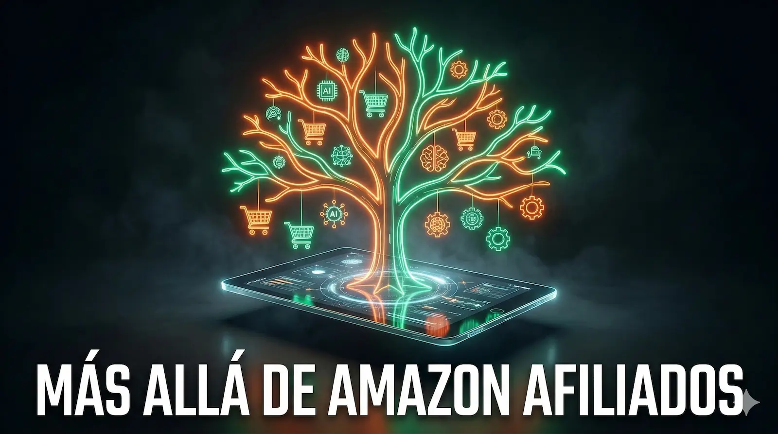 Árbol digital con iconos de monetización creciendo de una tablet, simbolizando los mejores programas de afiliados rentables como alternativa a Amazon afiliados