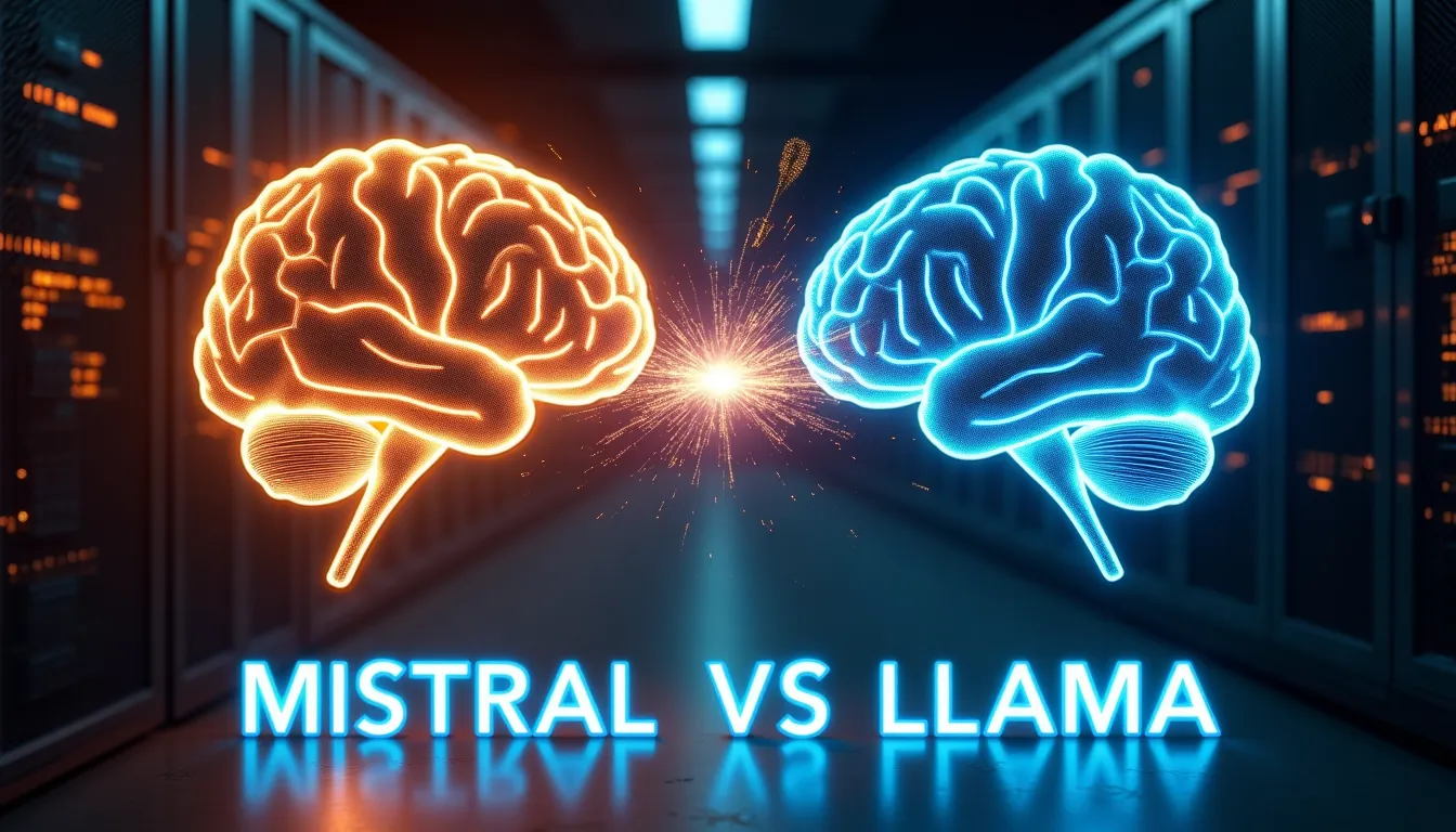 Dos cerebros digitales brillantes, uno ámbar y otro azul, chocando entre sí para ilustrar la comparativa entre los modelos de lenguaje Mistral y LLaMA.