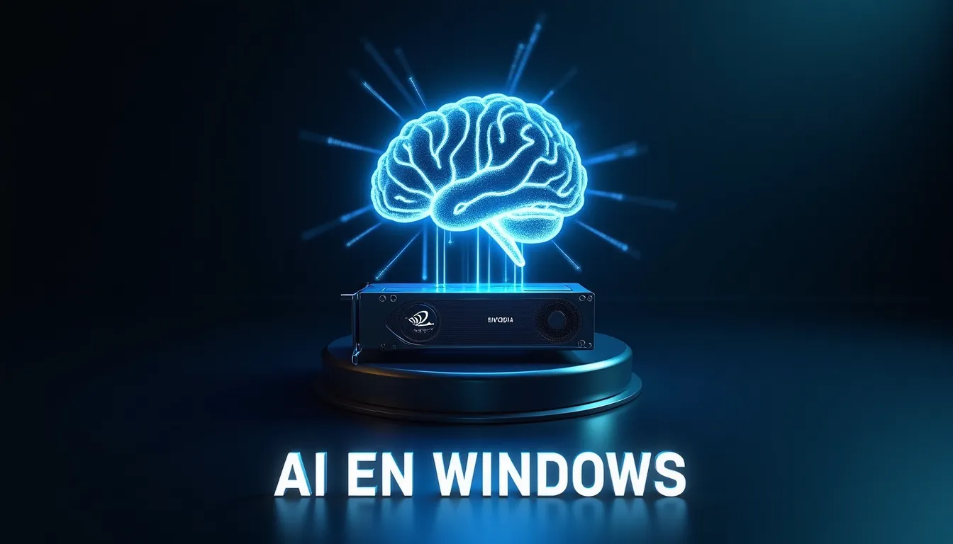Holograma azul de un cerebro digital proyectado desde una tarjeta gráfica NVIDIA, simbolizando la ejecución de modelos de Inteligencia Artificial en ordenadores Windows.