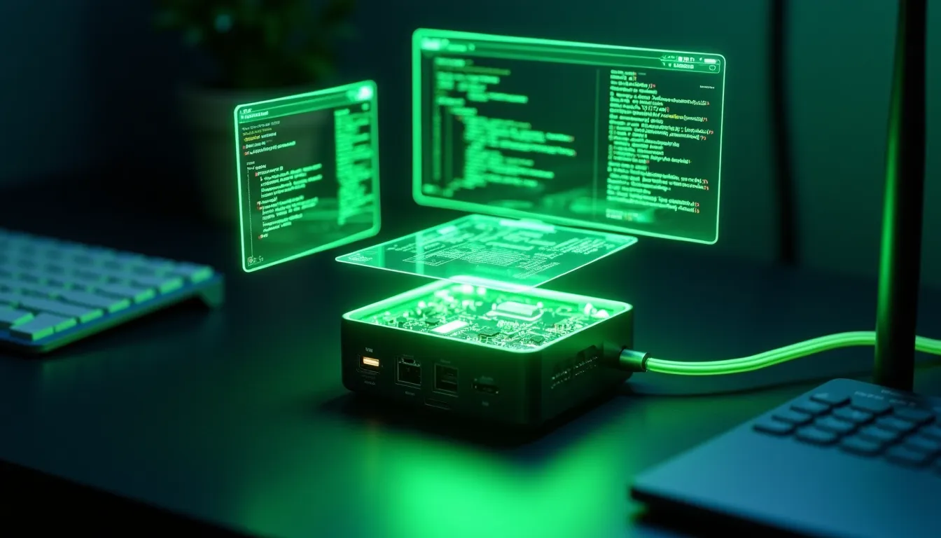 Mini PC abierto en un escritorio oscuro con pantallas holográficas verdes flotando encima, ilustrando el proceso de montar un servidor de Inteligencia Artificial local.