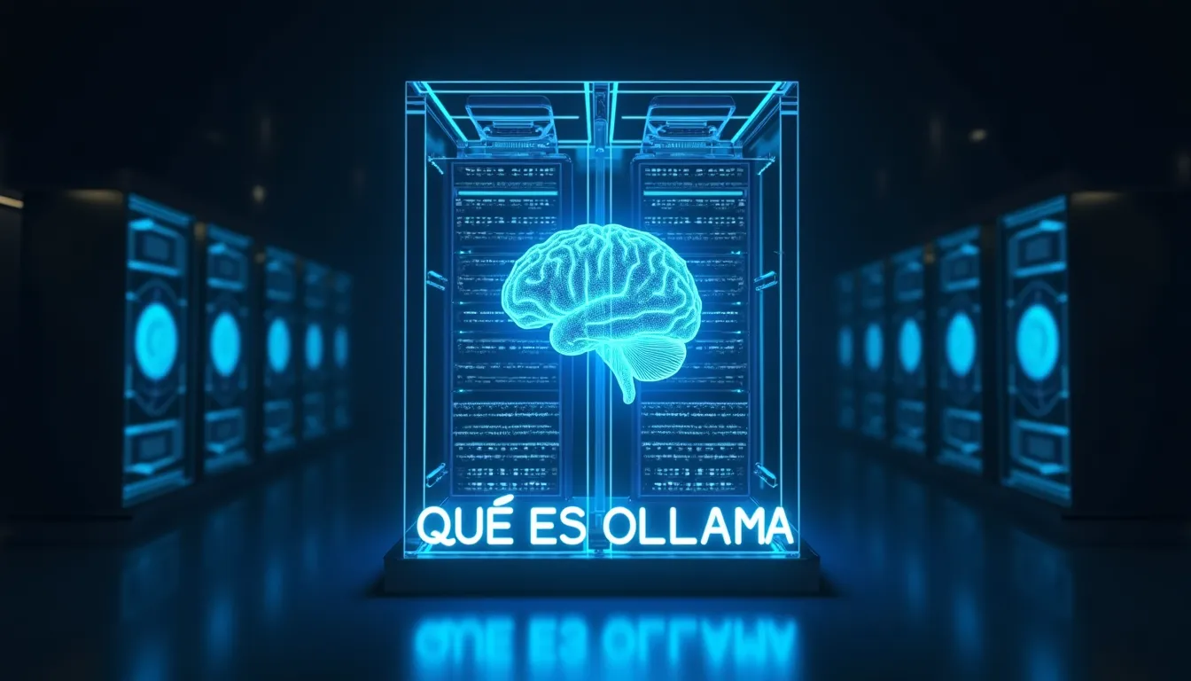 Servidor de cristal con un cerebro digital azul brillante en su interior, ilustrando cómo funciona Ollama procesando inteligencia artificial en local.