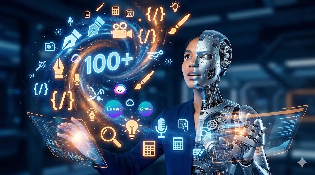 Persona mitad humana y mitad robot interactuando con un holograma brillante que muestra más de 100 usos y herramientas de Inteligencia Artificial