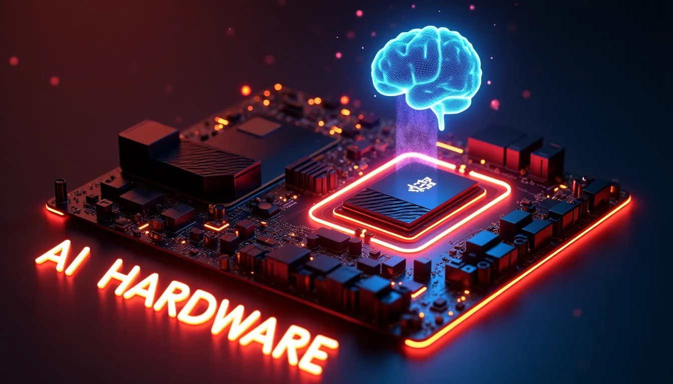 Ilustración de una tarjeta gráfica y una placa base futuristas iluminadas en color ámbar, simbolizando el hardware necesario para ejecutar Inteligencia Artificial en local.