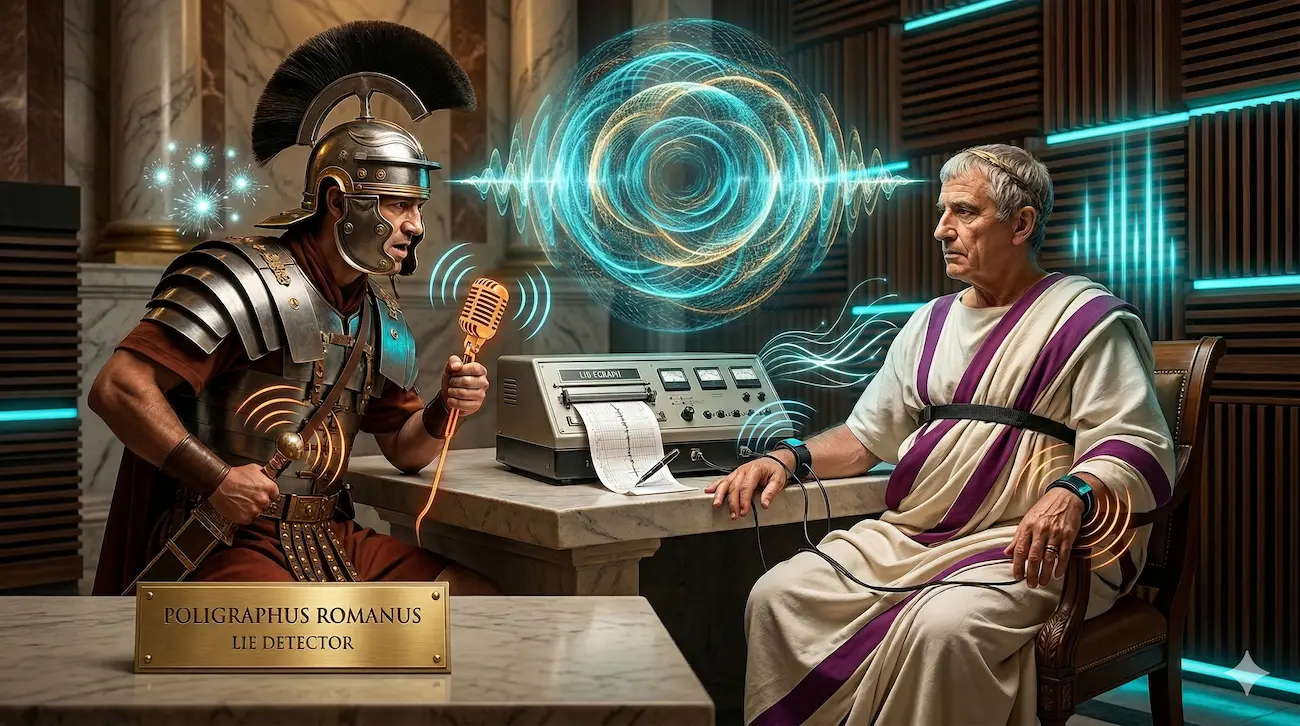 Un legionario romano con armadura completa sostiene un micrófono dorado frente a un senador romano conectado a una máquina polígrafo moderna en un estudio de grabación con luces de neón. Una placa dorada en primer plano dice "POLIGRAPHUS ROMANUS LIE DETECTOR