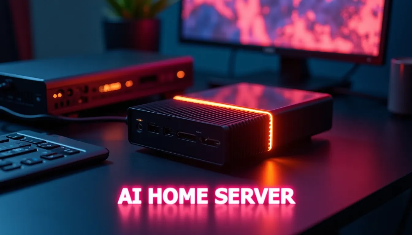 Mini PC conectado a una tarjeta gráfica externa brillante con luz naranja, representando un servidor de Inteligencia Artificial para el hogar.