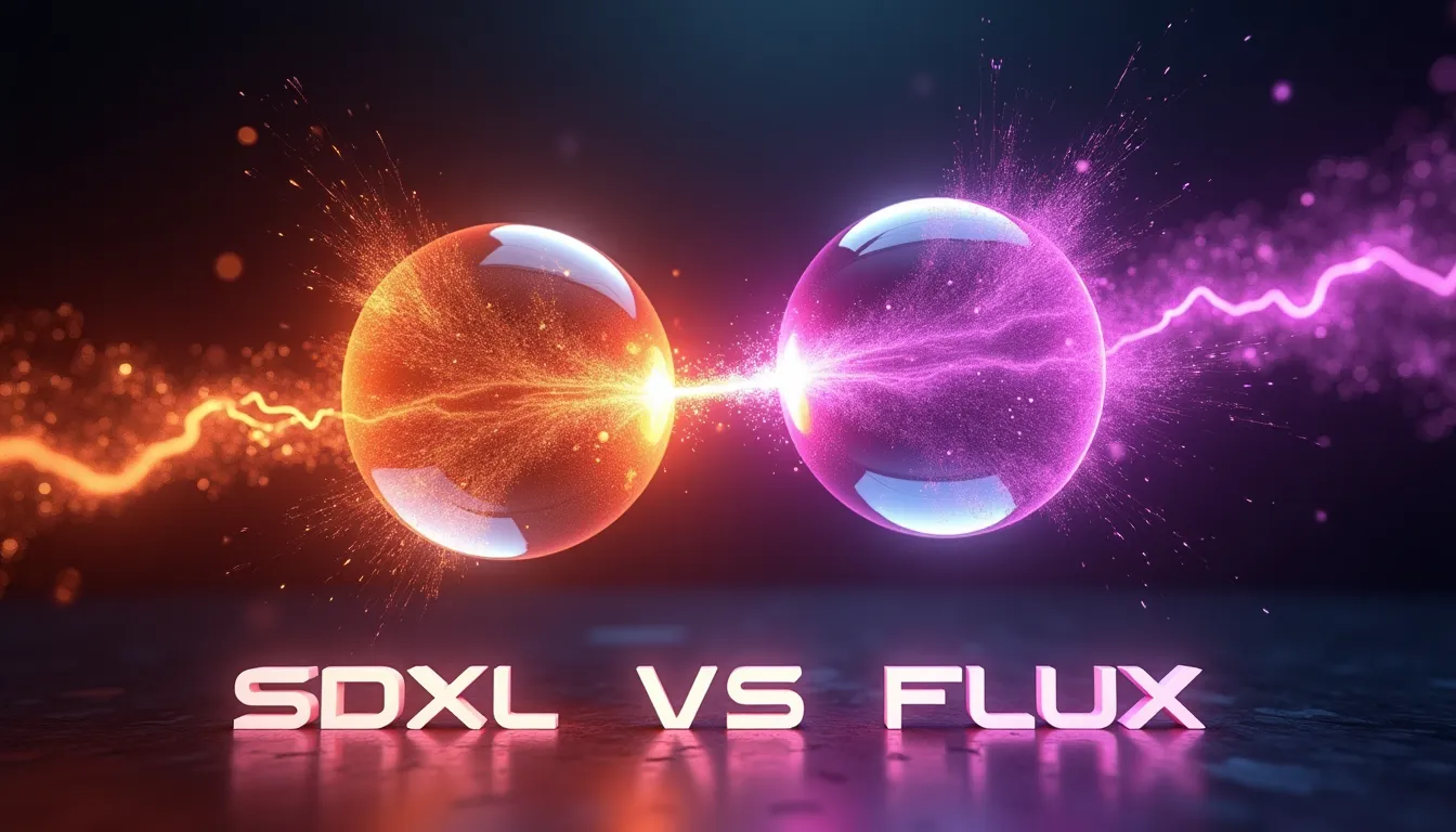 Dos esferas de energía brillante, una naranja y otra violeta, chocando entre sí para ilustrar la comparativa entre Stable Diffusion XL y FLUX.