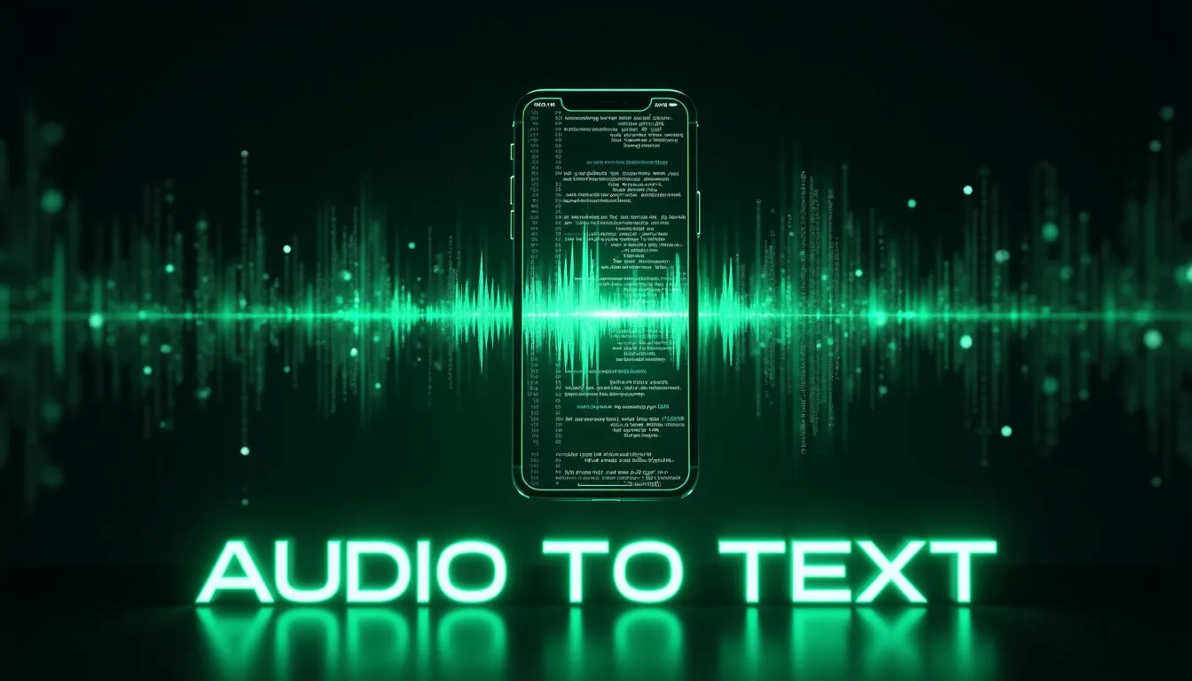 Ondas de sonido saliendo de un smartphone y transformándose en líneas de texto verde, ilustrando la transcripción automática de vídeos con Inteligencia Artificial.